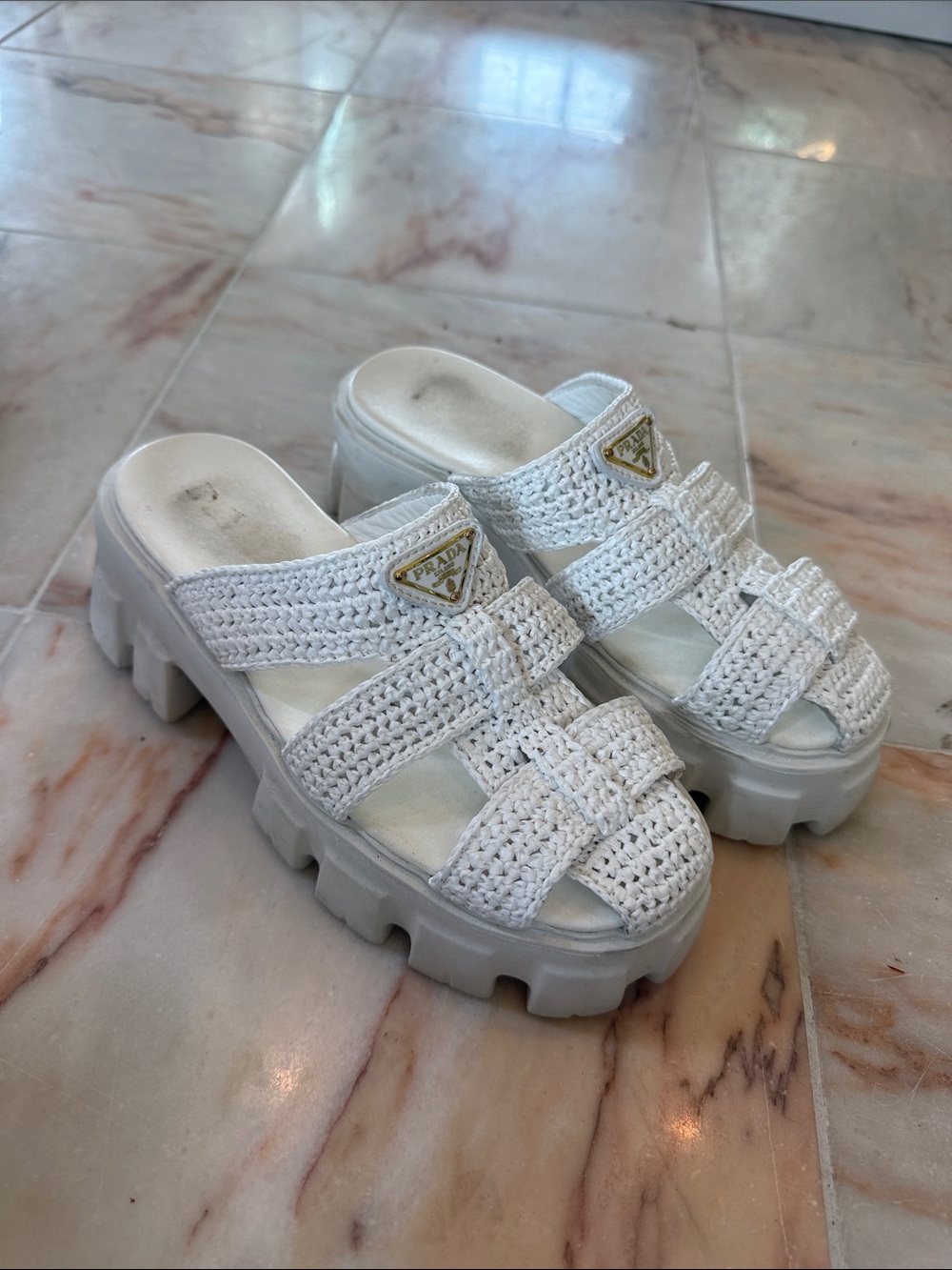 Prada White Crochet Platform Sandals